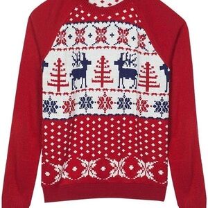 Nordic Fair Isle Reindeer Holiday Sweater in Red, White and Navy